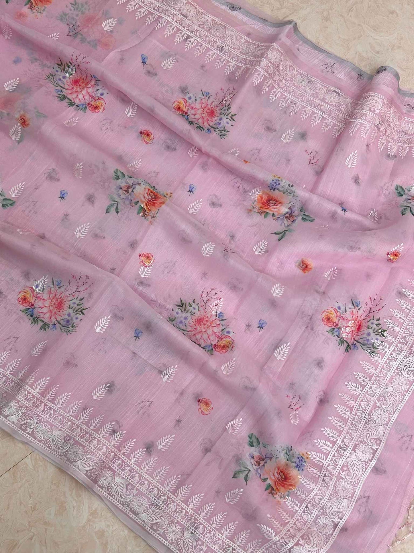 Organza Silk Banarasi Saree - digital print with chikankari