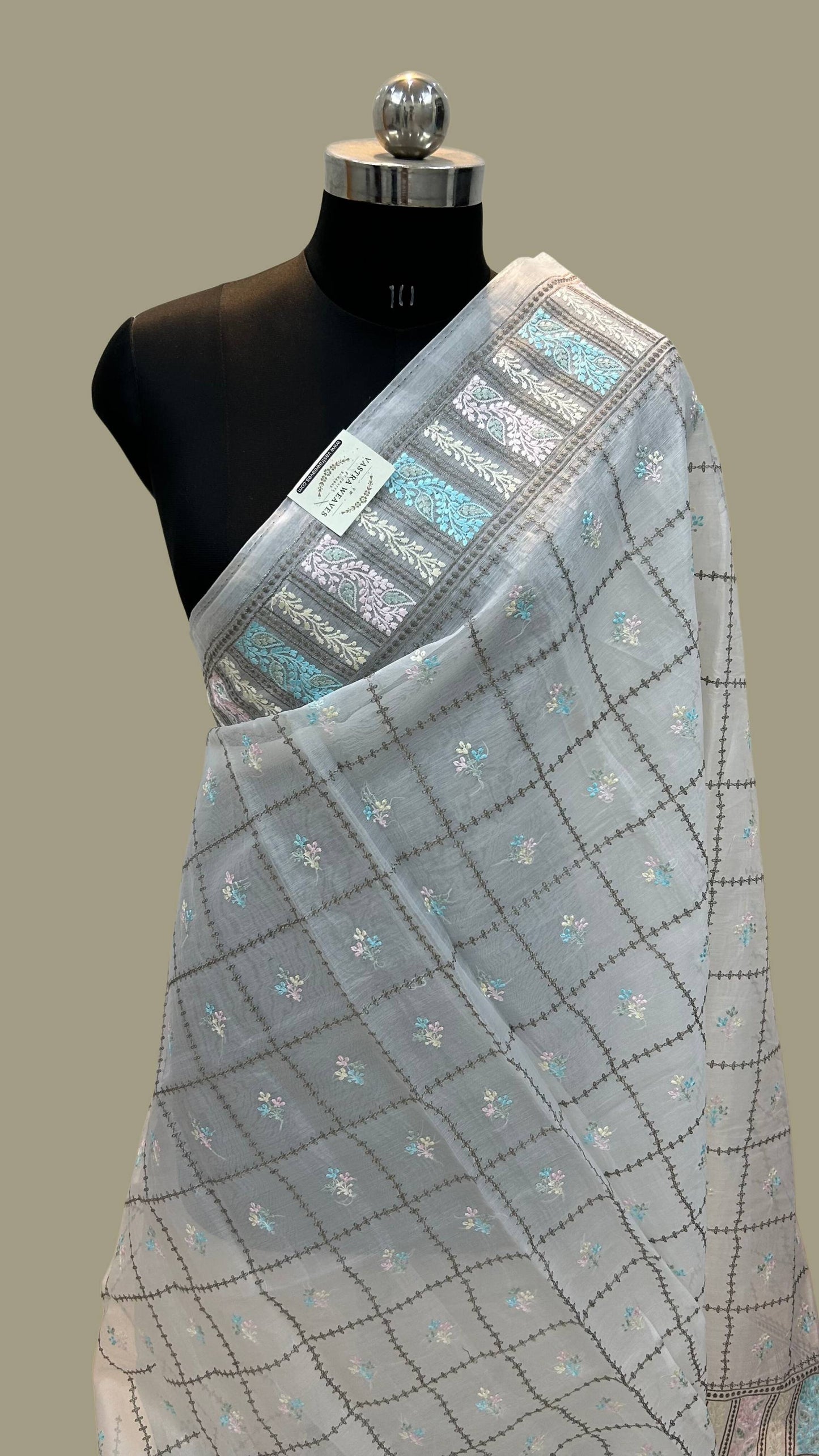 Organza Silk Banarasi Saree - with chikankari all over