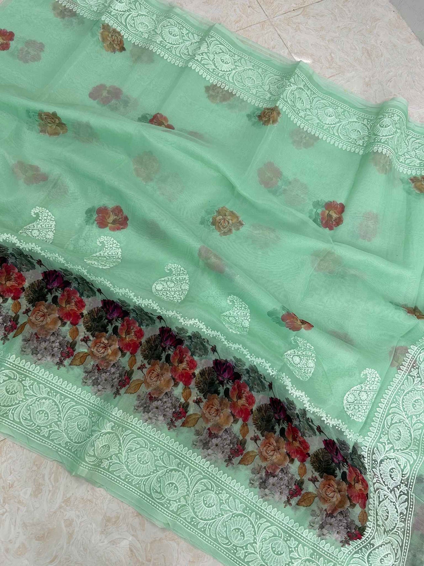 Organza Silk Banarasi Saree - Digital print with chikankari