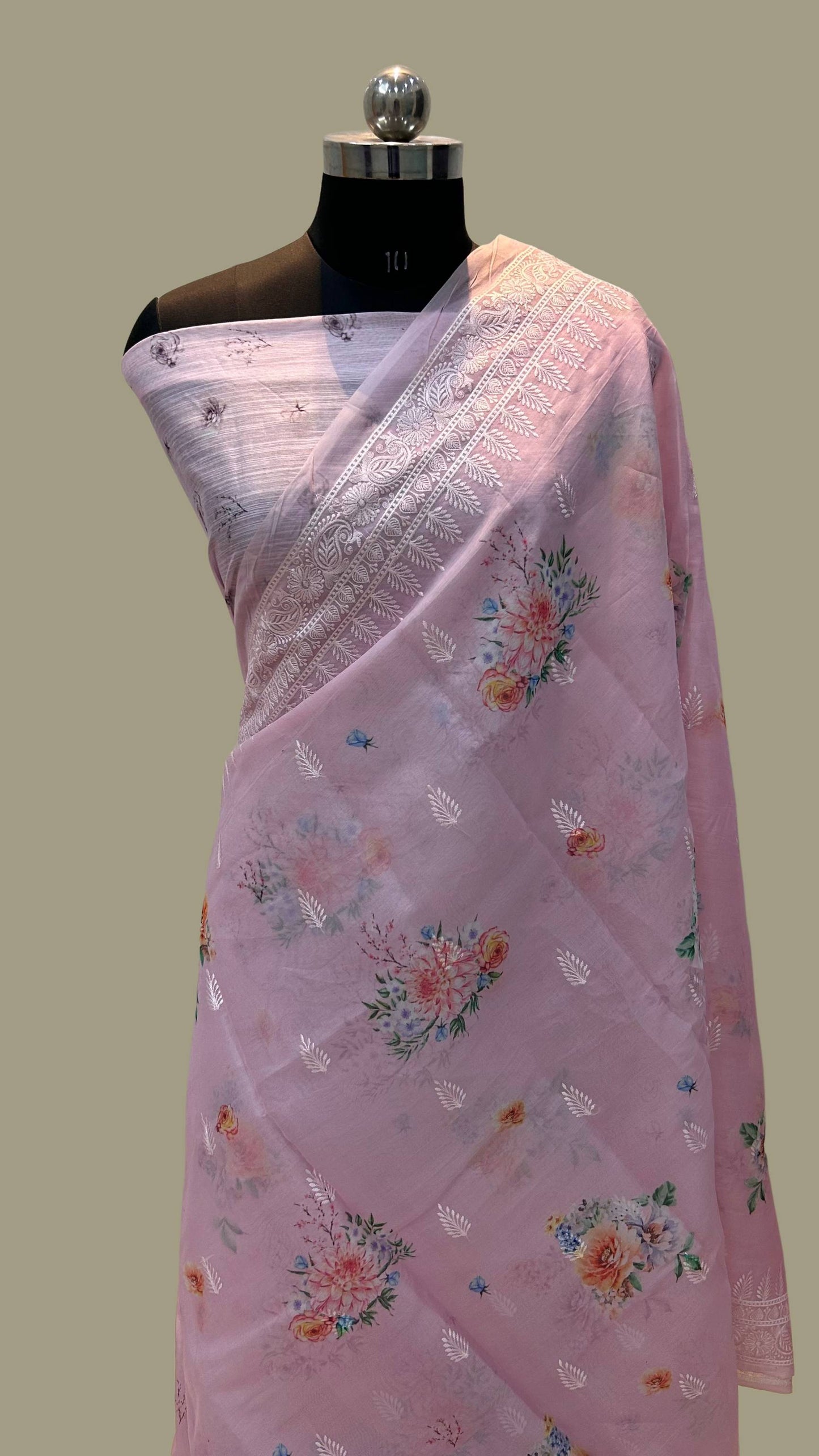 Organza Silk Banarasi Saree - digital print with chikankari