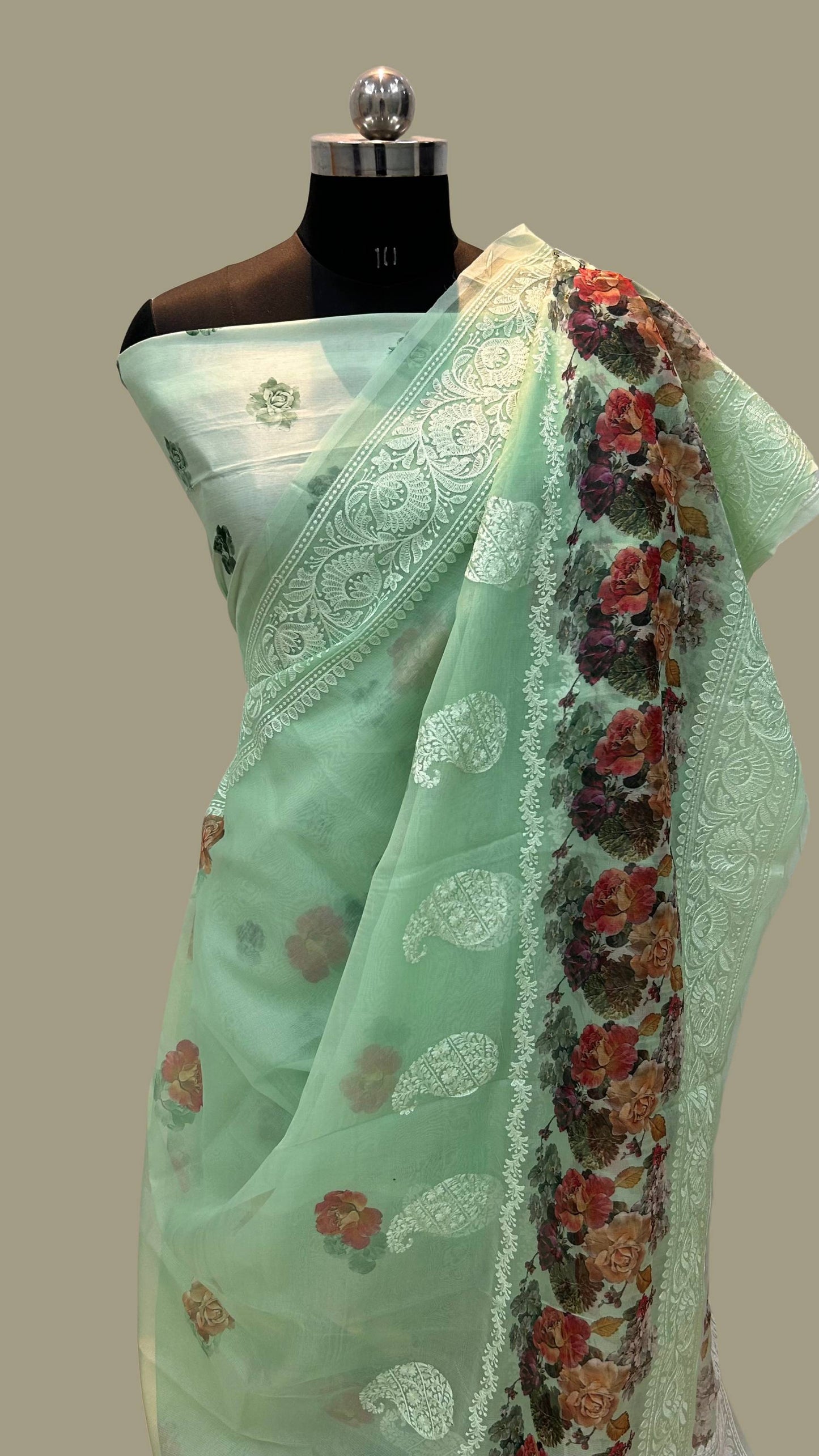 Organza Silk Banarasi Saree - Digital print with chikankari