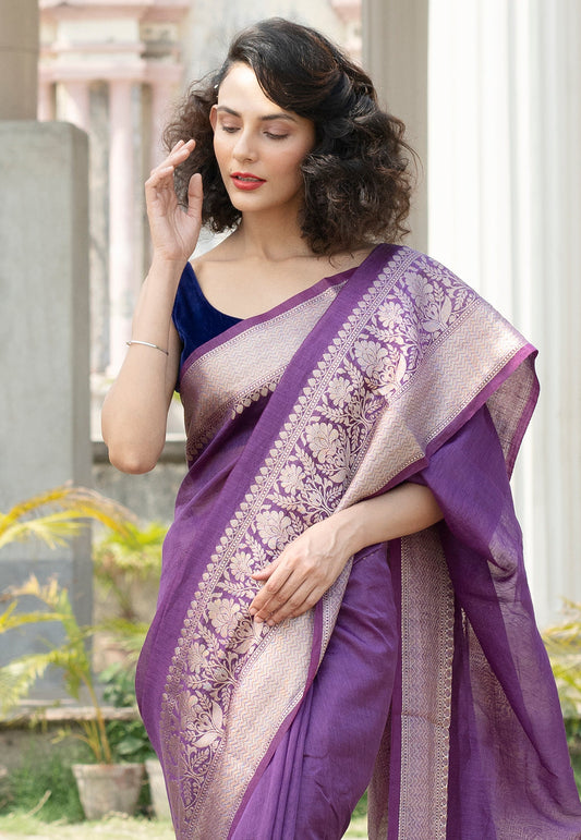 Pure Linen Banarasi Saree - zari skirt border