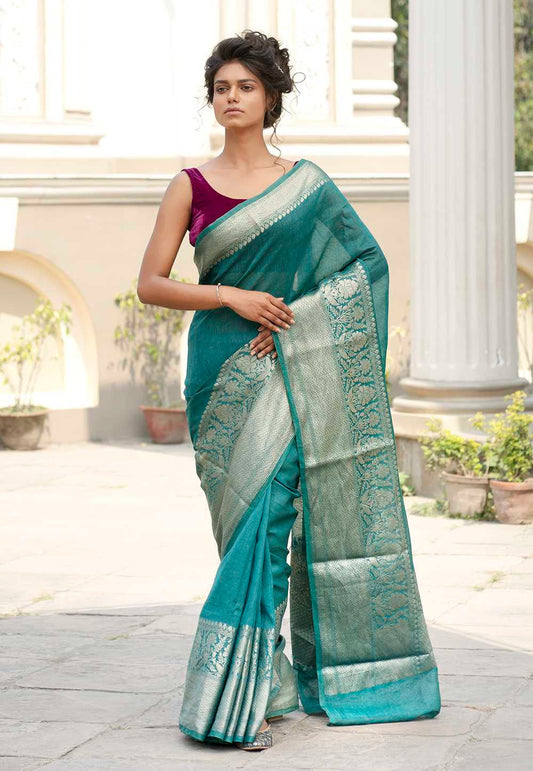 Pure Linen Banarasi Saree - zari skirt border