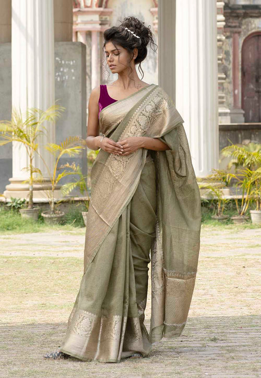 Pure Linen Banarasi Saree - zari skirt border